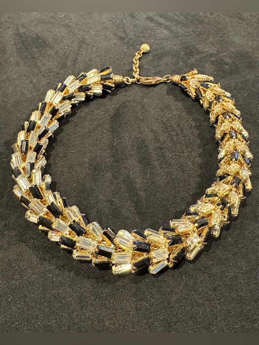 Gold Tone Statement Collar Necklace Clear Baguette Crystal Black, 18in